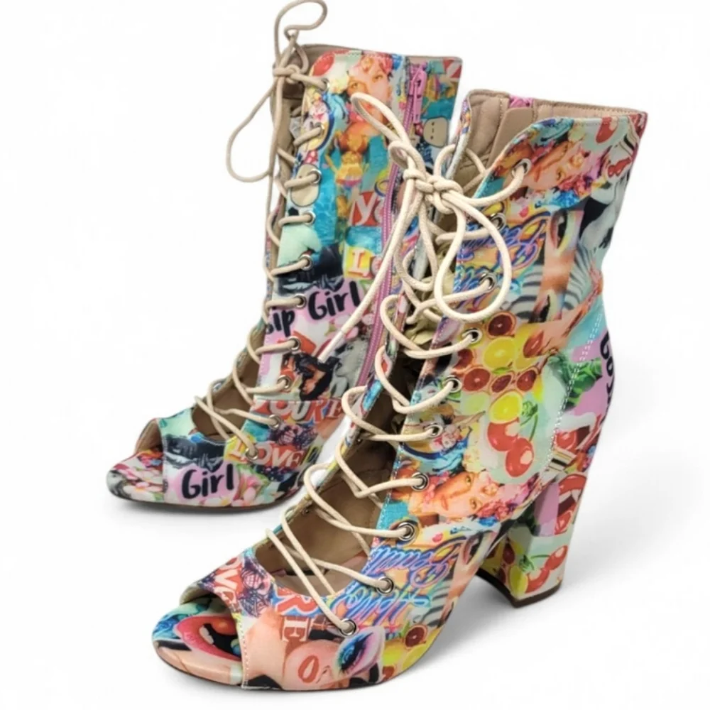 Chase + Chloe Emelia Graffiti Open Toe Lace Up Ankle Boot Heels